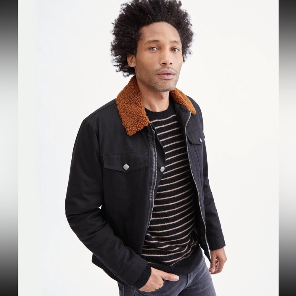 7 for all mankind S Black Denim Jacket with Brown Sherpa Collar New with tags